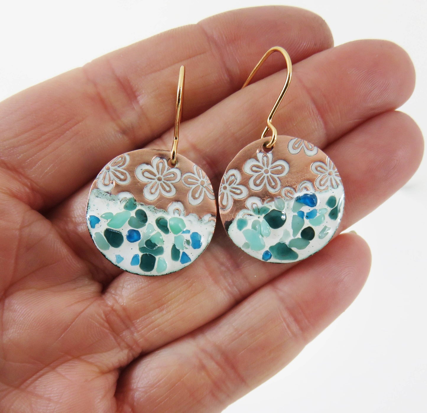 Enamel, Glass and Flower Textured Copper Dangle Earrings
