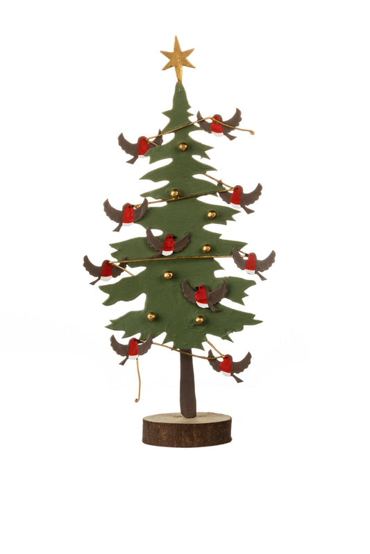 Robins dressing the tree on wooden block