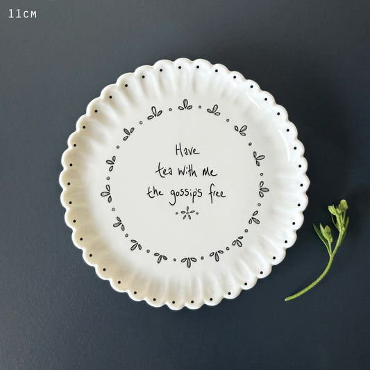Porcelain scalloped round coaster - Have tea with me, the gossips free