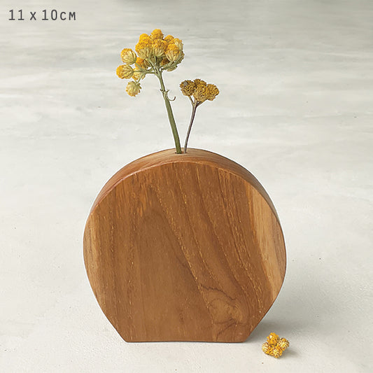 Handmade Flat Round Vase- Suar Wood