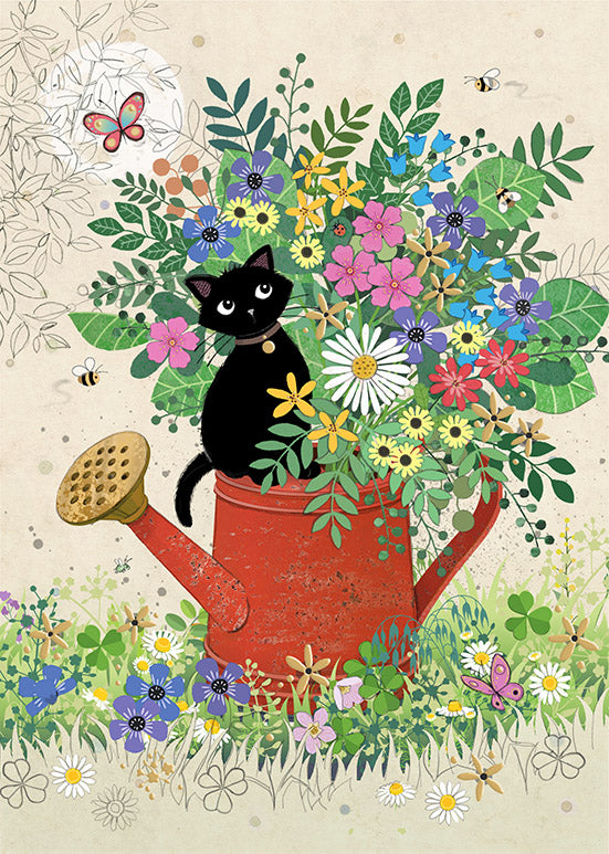 Watering Can Kitty - Greetings card