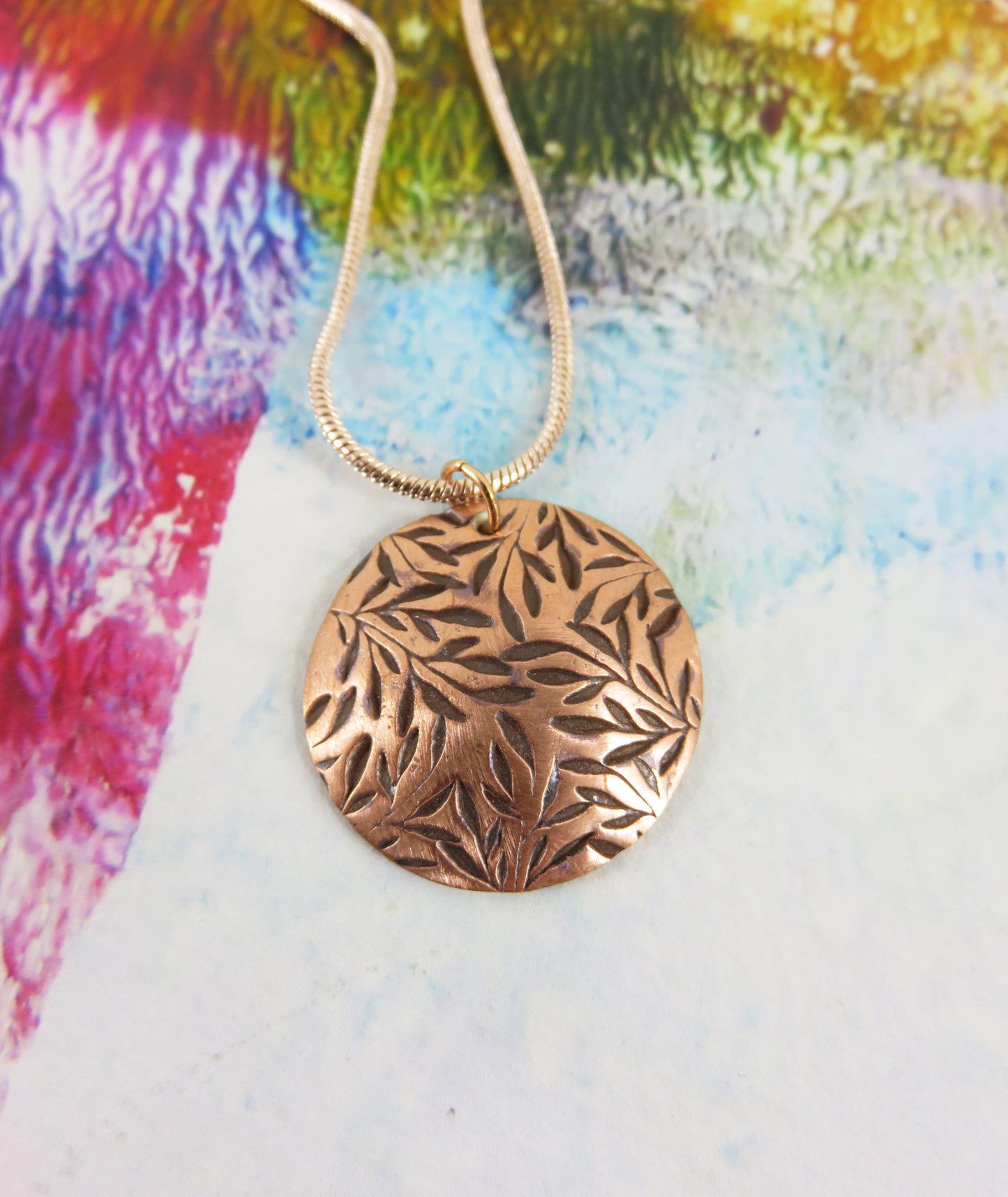 Round, Domed, Textured Copper Pendant with Enamel and Glass