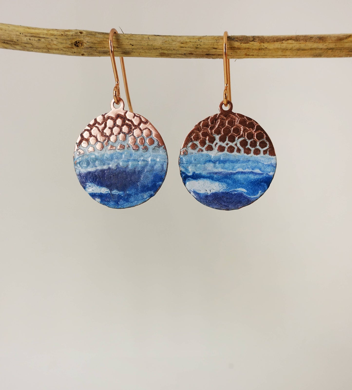 Enamel and Textured Copper Beach Earrings