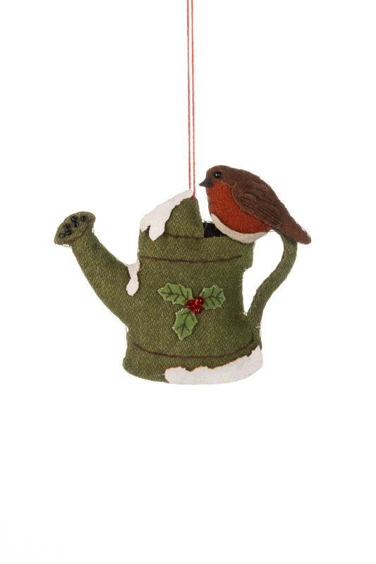 Felt Robin on watering can - Christmas Ornament