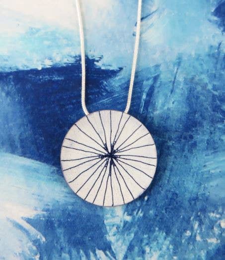 Round Enamel and Copper Pendant with a Hand Drawn Lines.