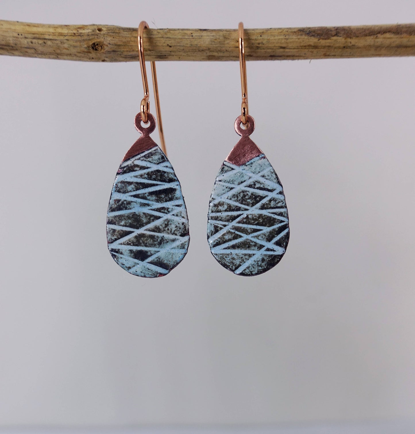Enamel and Line Textured Copper Dangle Earrings