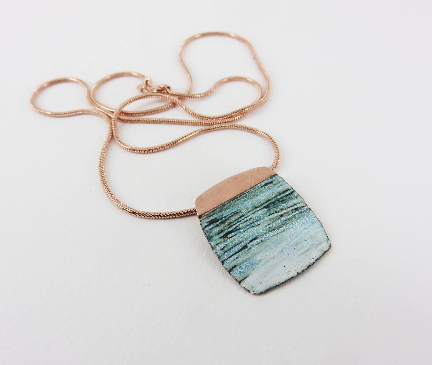 Copper and Enamel Textured Pendant in Teal and White