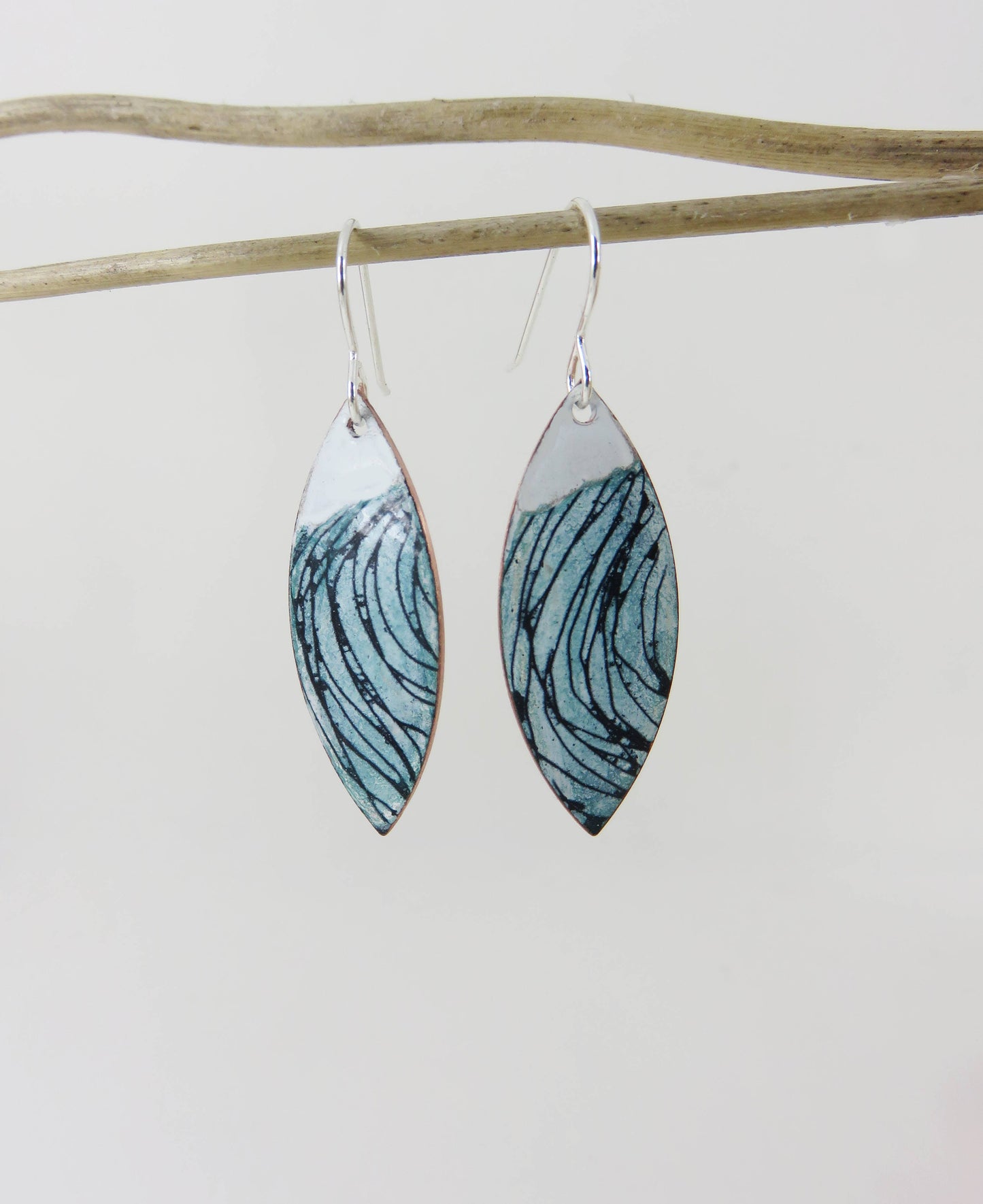 Copper Enamel Drop Dangle Earrings with Hand Drawn Detail