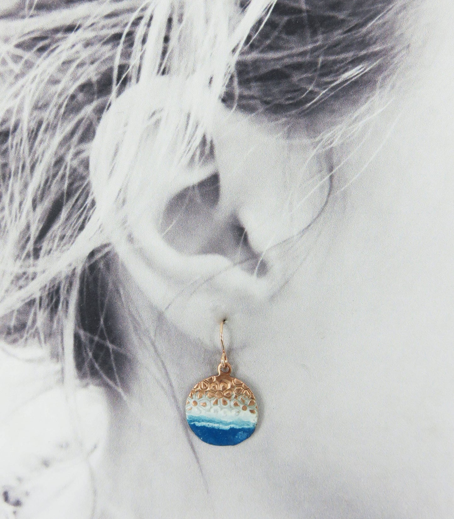 Enamel and Flower Textured Copper Earrings with Teal Enamel