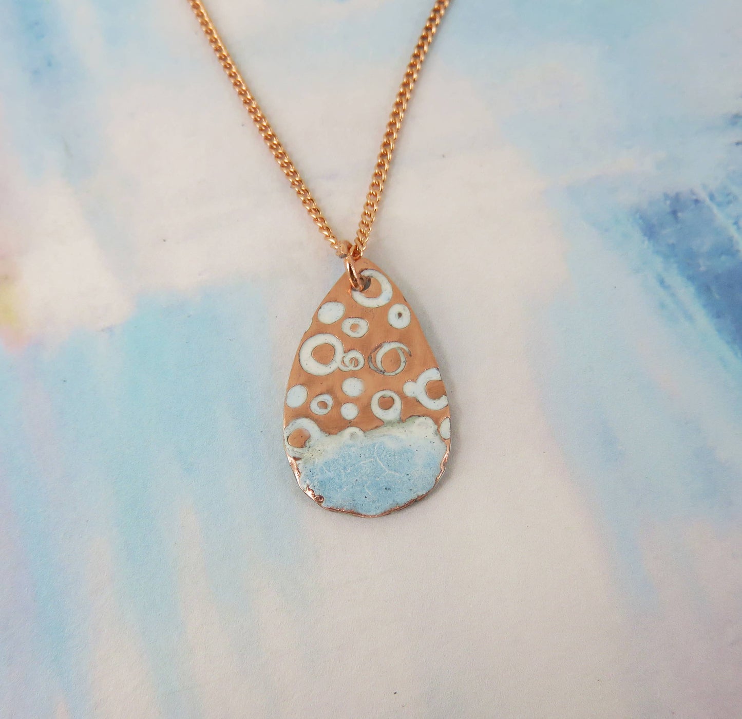 Textured Copper Teardrop Pendant with Blue and White Enamel