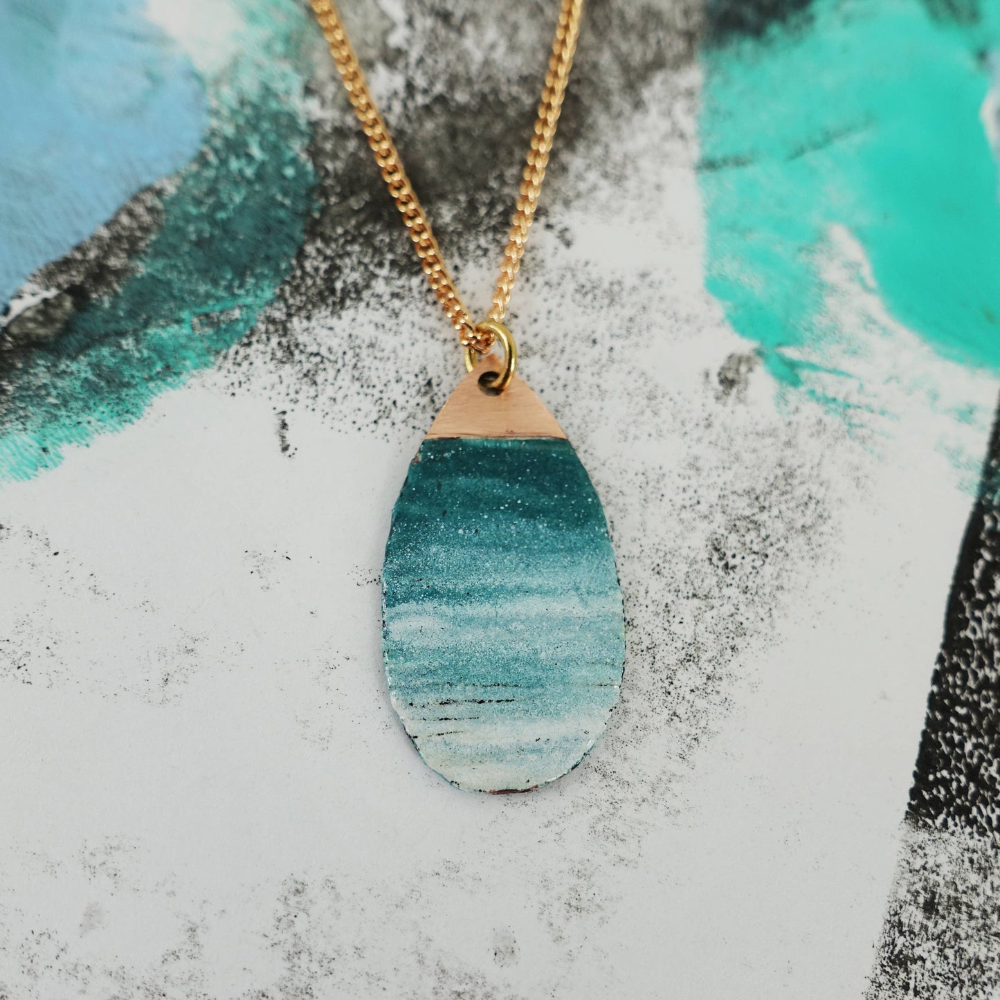 Oval Copper and Enamel Textured Pendant in Teal