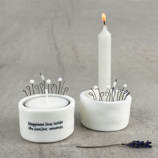 Porcelain Candle & tea light holder- Happiness lives inside