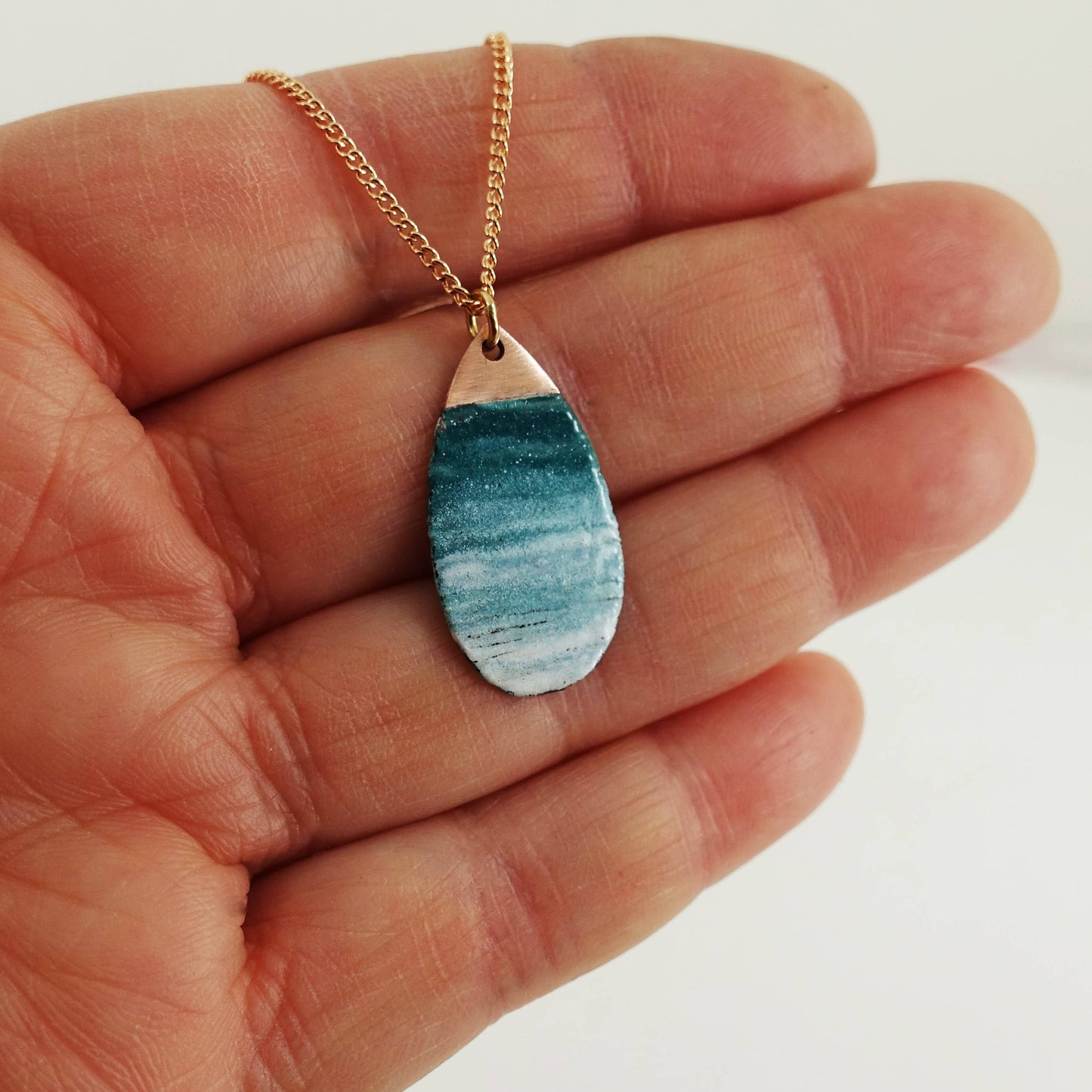 Oval Copper and Enamel Textured Pendant in Teal