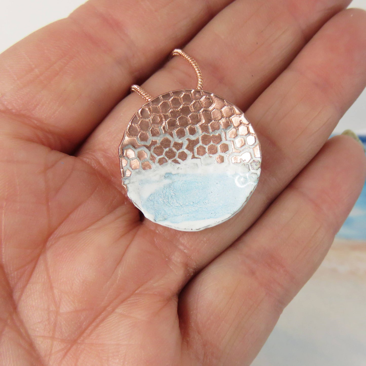 Round, Domed and Textured Copper Pendant with Enamel