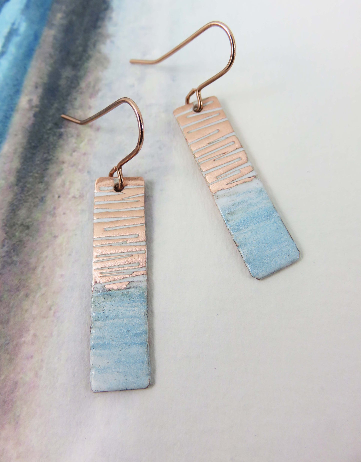 Enamel & Textured Copper Earrings in White and Blue Enamel