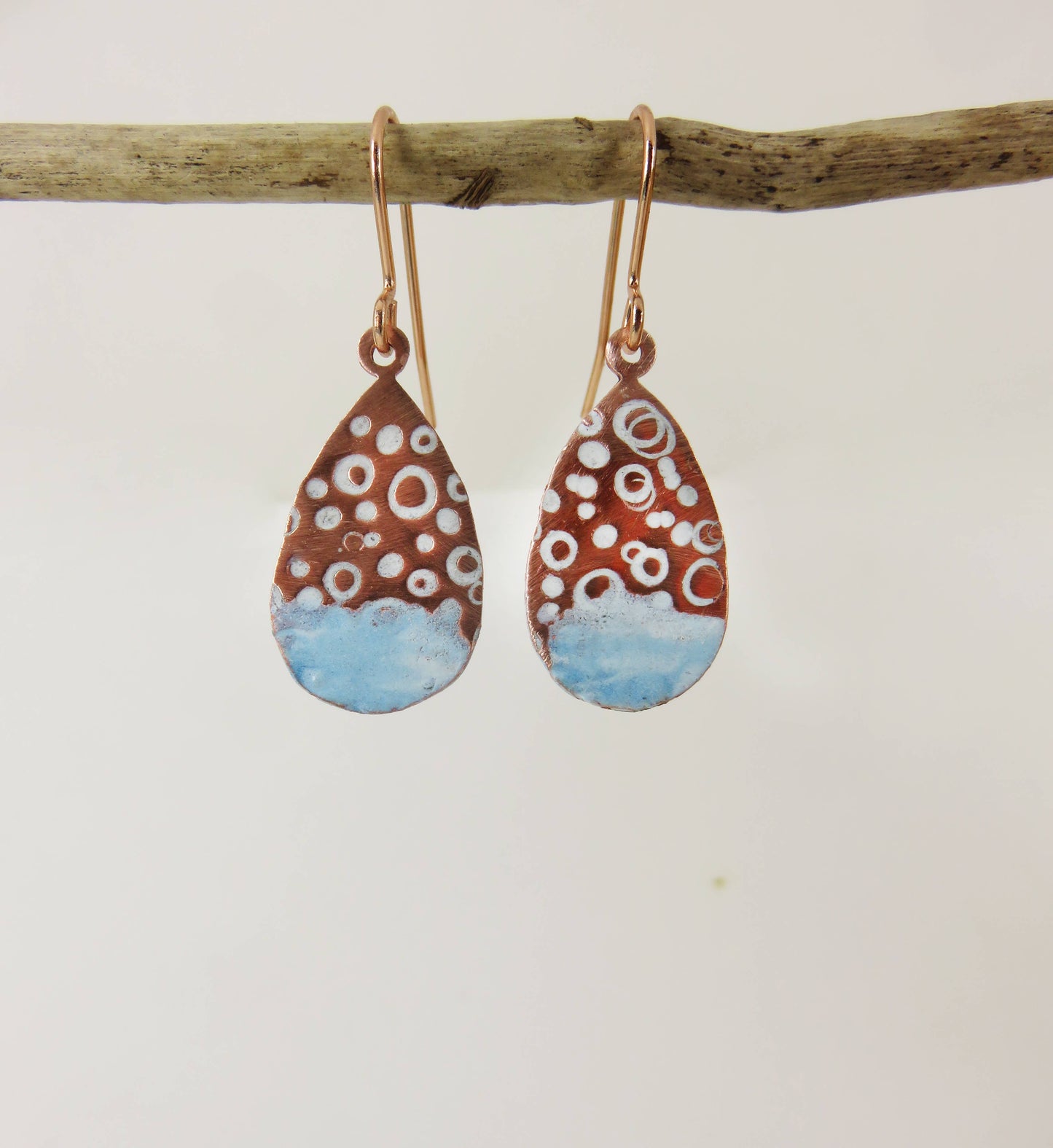 Enamel and Circle Textured Copper Dangle Earrings