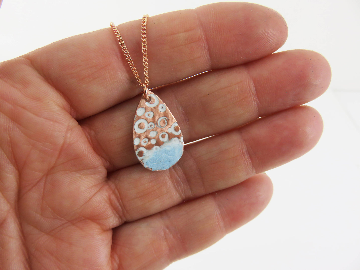 Textured Copper Teardrop Pendant with Blue and White Enamel