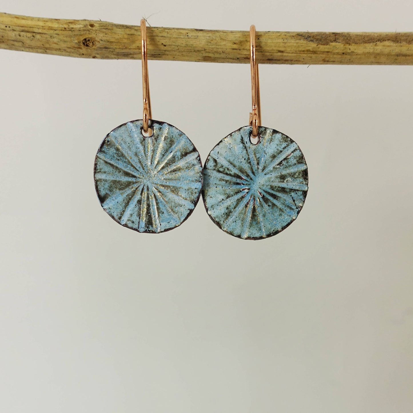 Enamel and Line Textured Copper Dangle Earrings