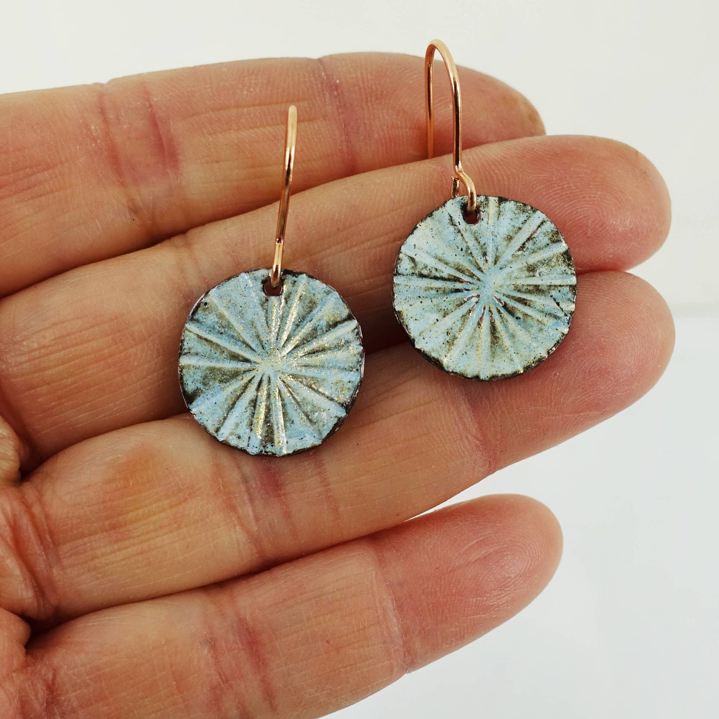 Enamel and Line Textured Copper Dangle Earrings
