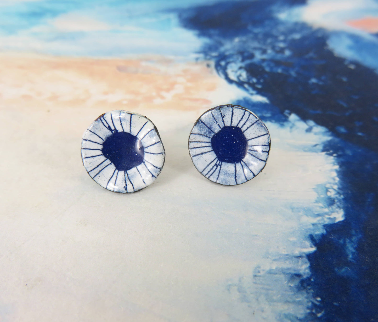 Round Studs in Blue and White Enamel with Drawn Pattern