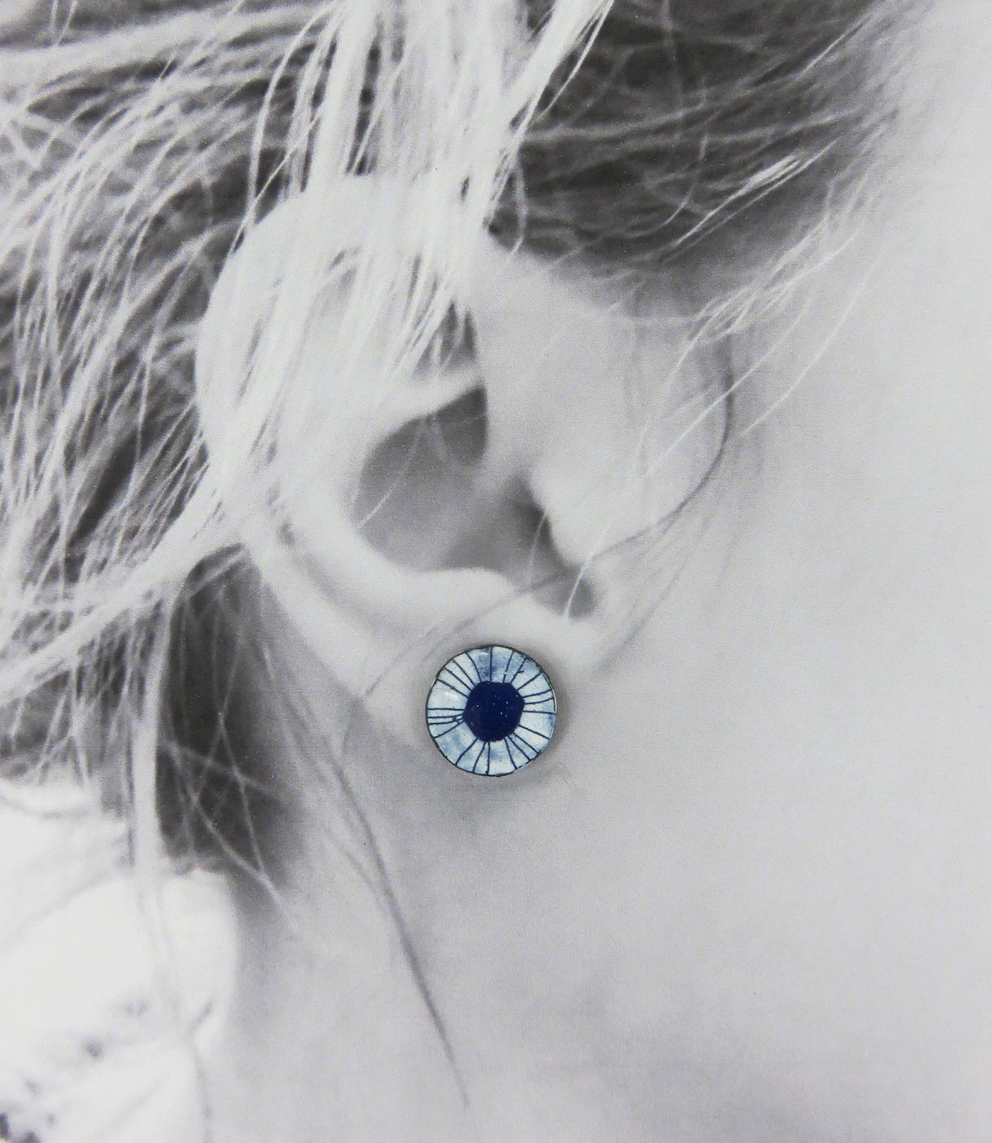 Round Studs in Blue and White Enamel with Drawn Pattern