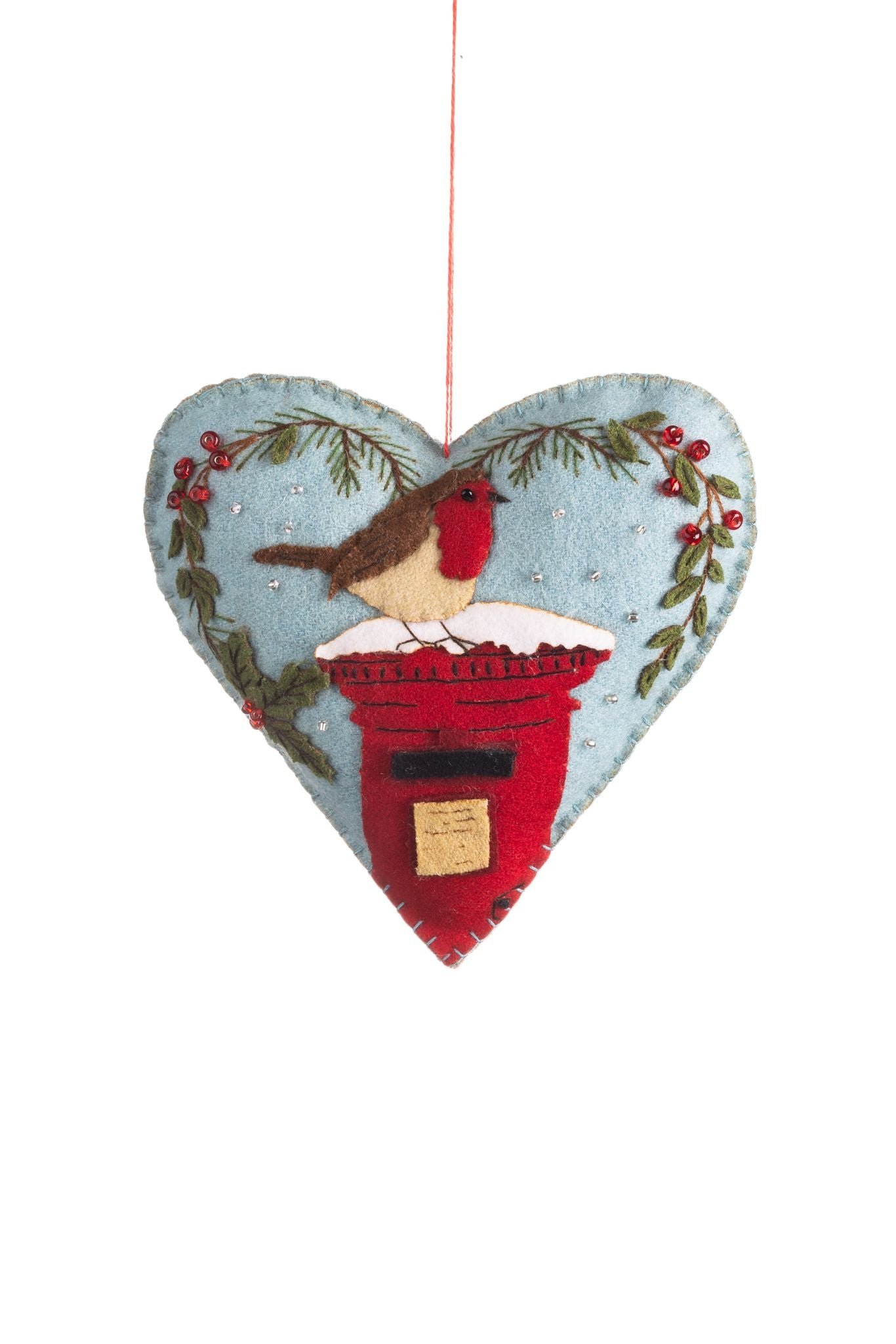 Robin on postbox hanging felt heart