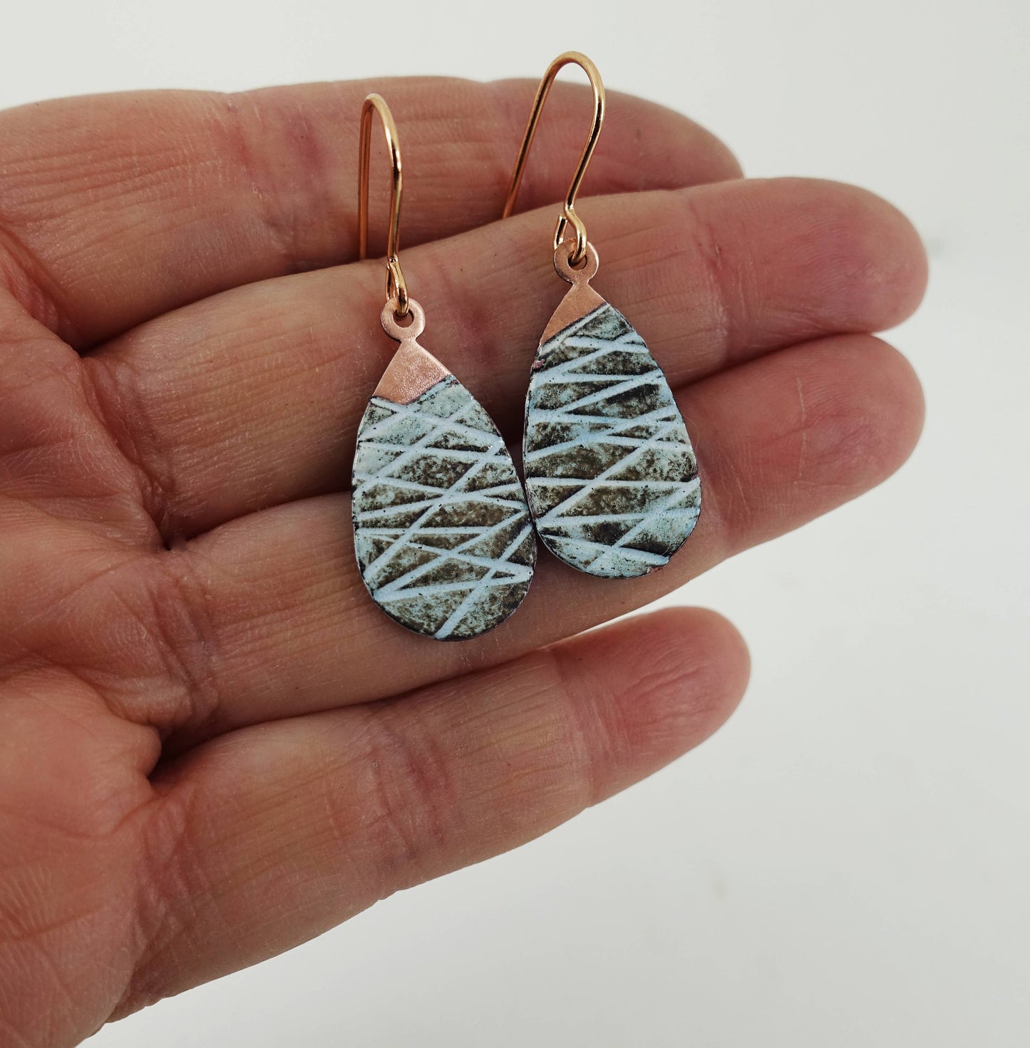 Enamel and Line Textured Copper Dangle Earrings