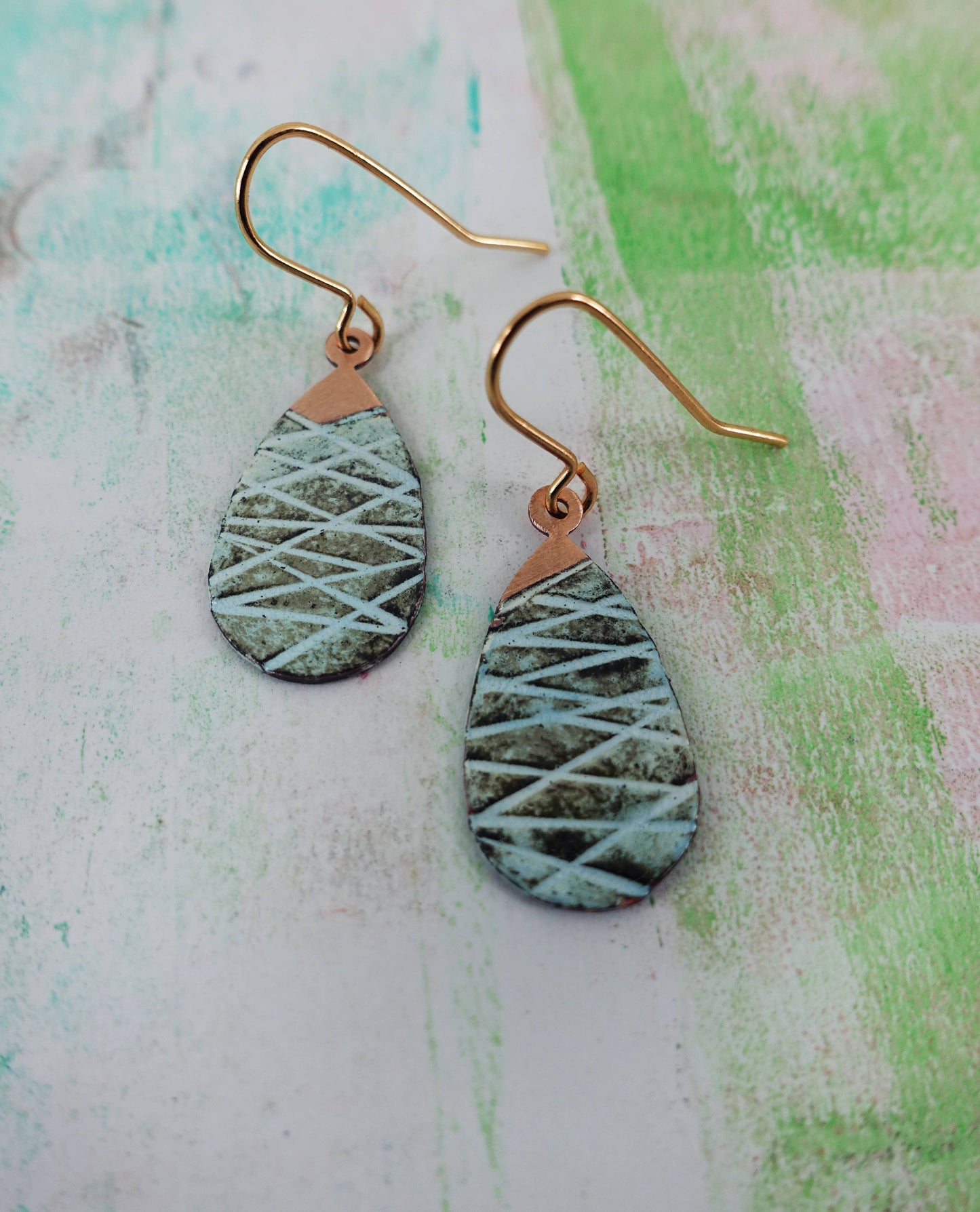 Enamel and Line Textured Copper Dangle Earrings