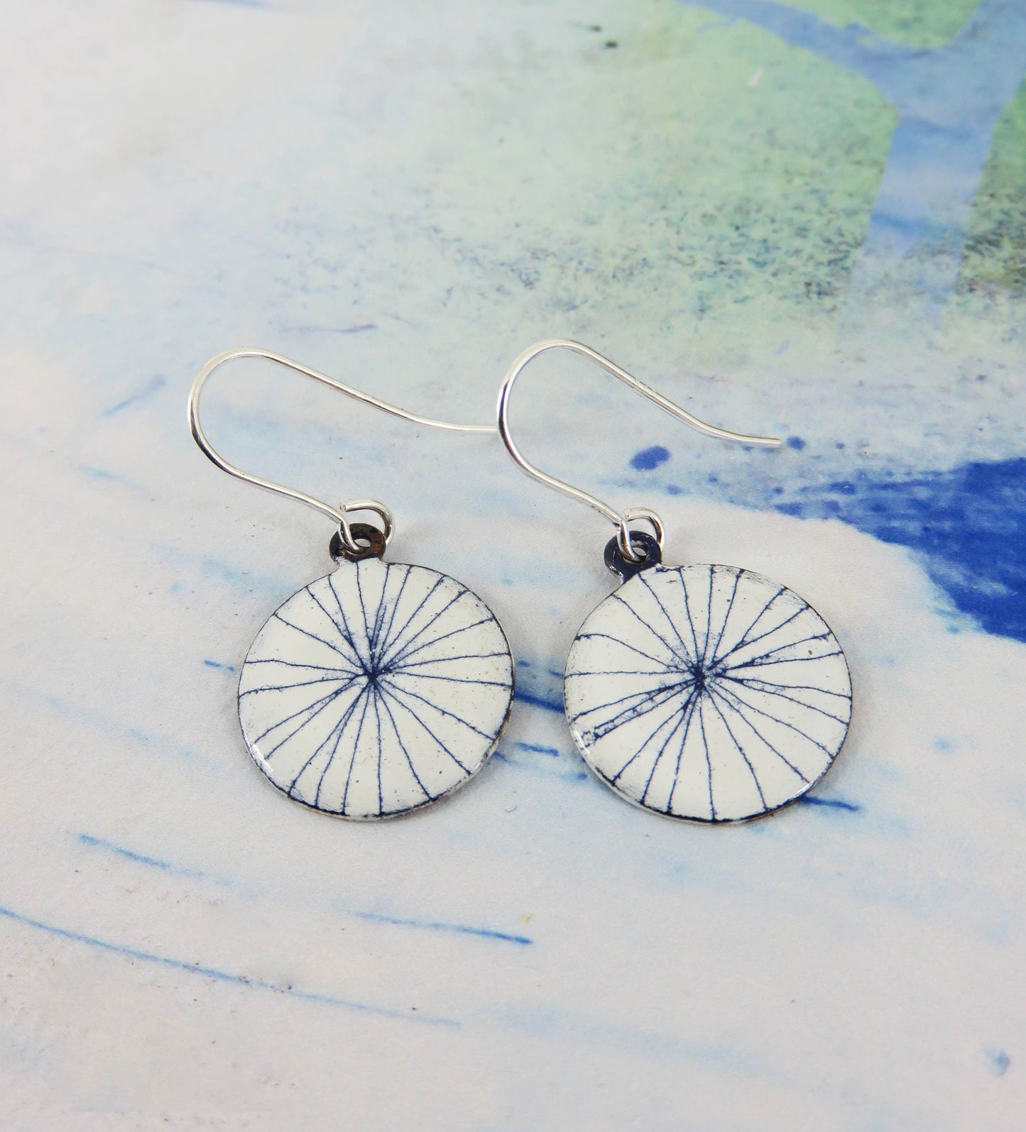 Blue and White Hand Drawn Lines Enamel Drop Dangle Earrings