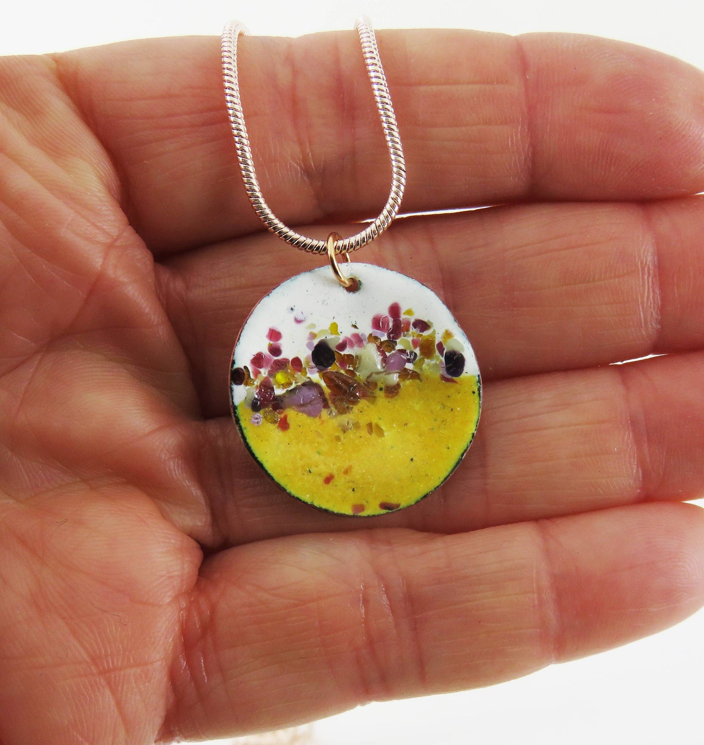 Round, Domed, Textured Copper Pendant with Enamel and Glass