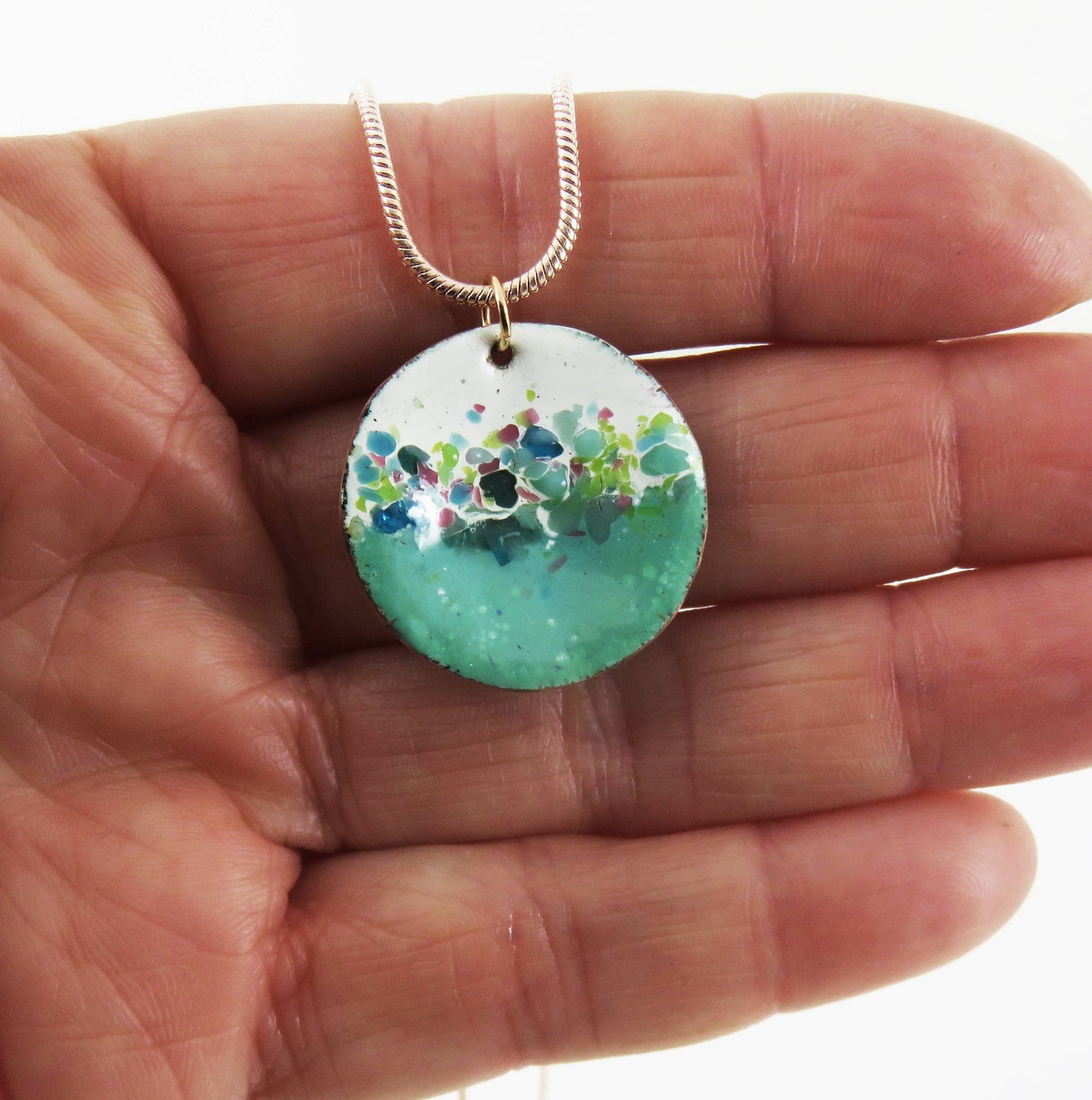 Round, Domed, Textured Copper Pendant with Enamel and Glass