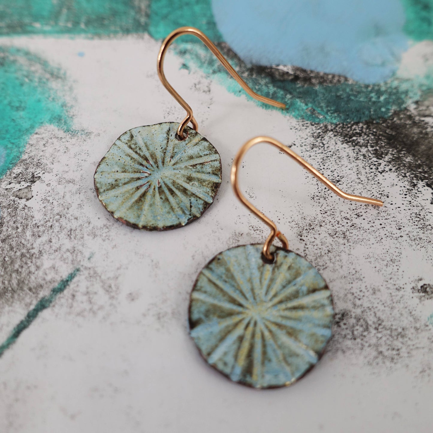 Enamel and Line Textured Copper Dangle Earrings