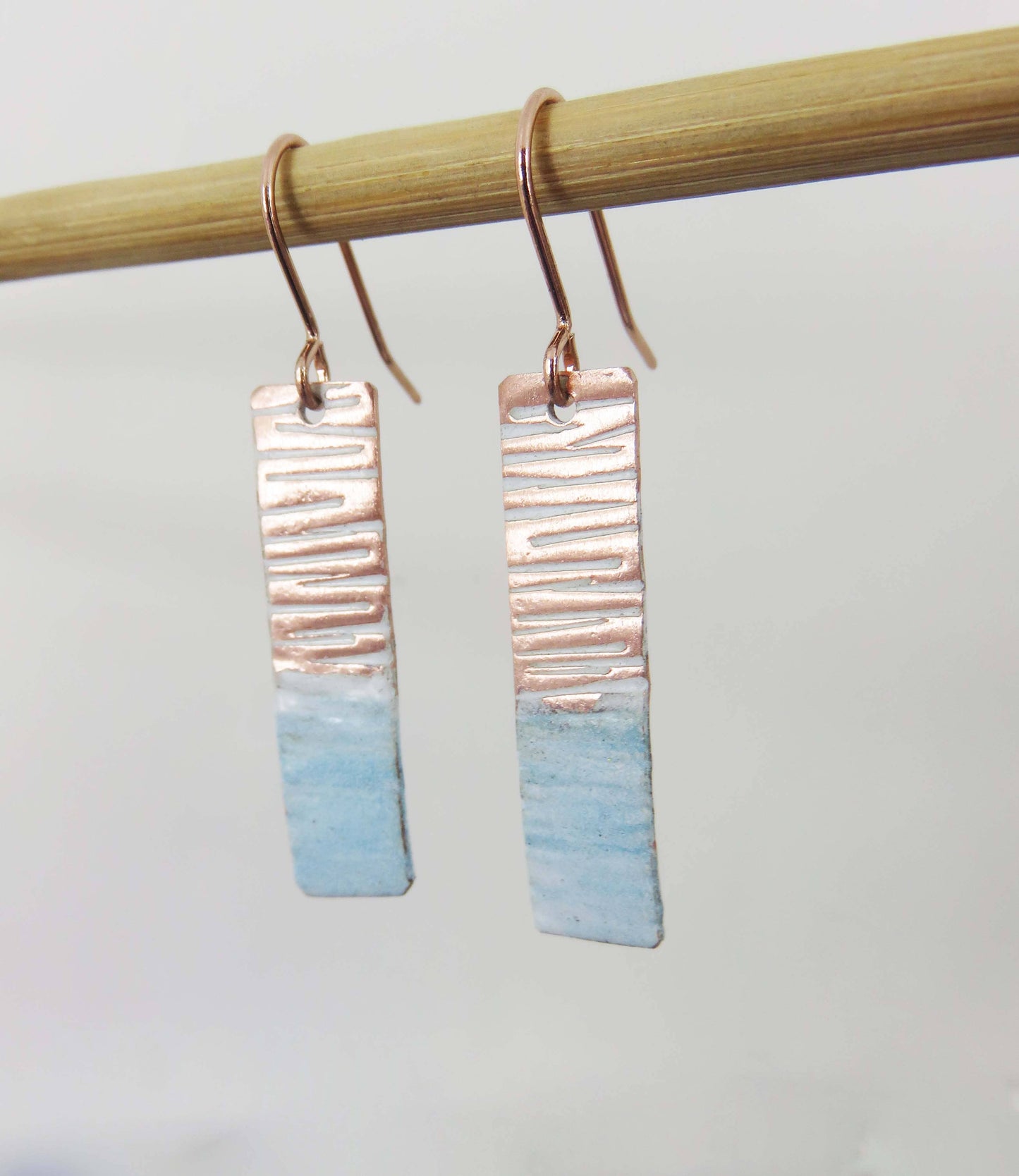Enamel & Textured Copper Earrings in White and Blue Enamel