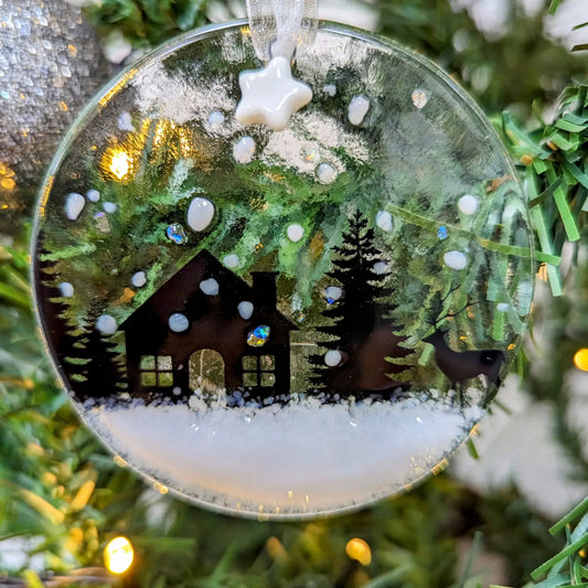 Handmade Glass Christmas Decoration - Cabin in The Woods, Black/Clear