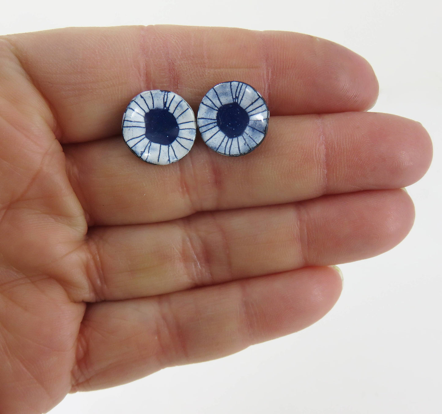 Round Studs in Blue and White Enamel with Drawn Pattern