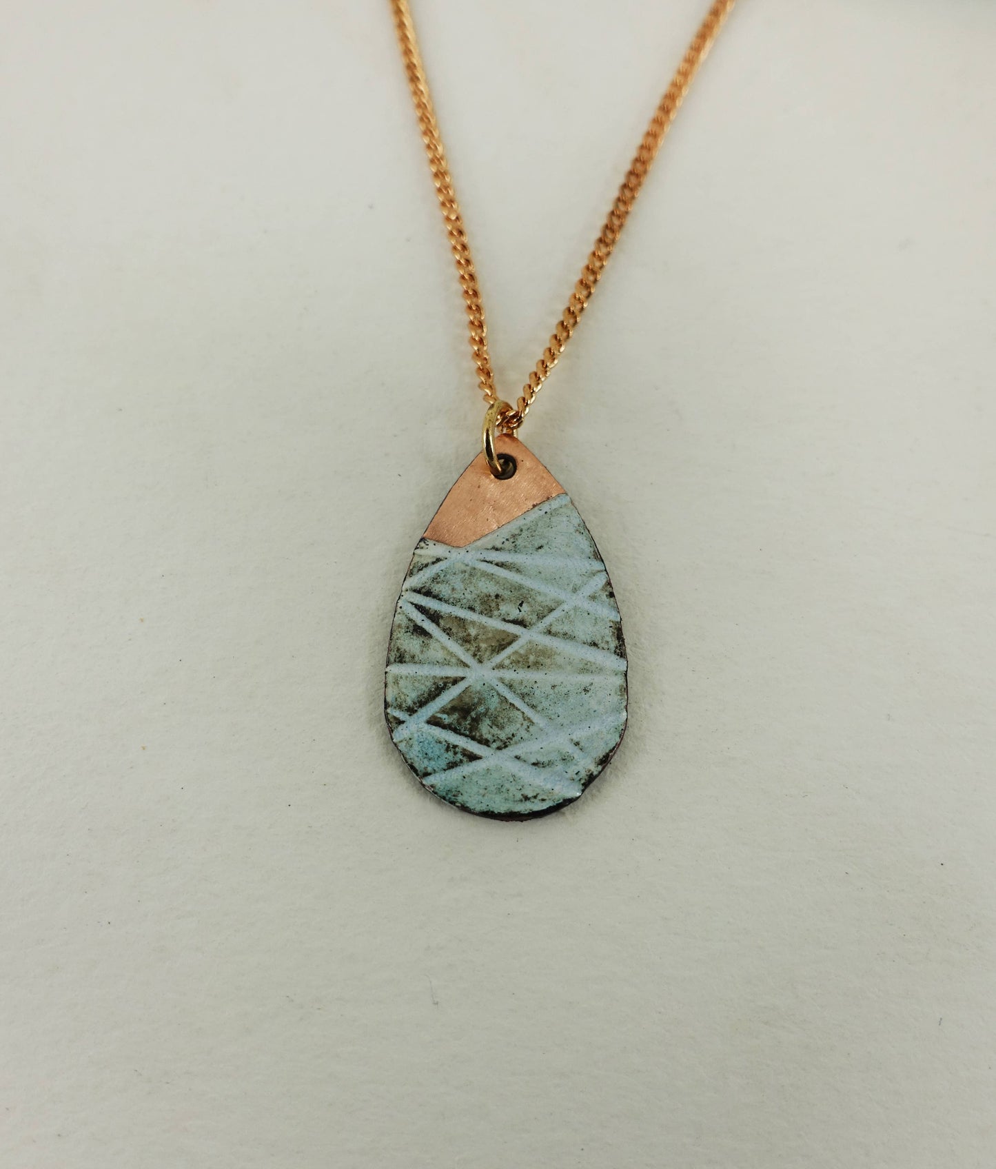Line Textured Enamel Copper Teardrop Pendant
