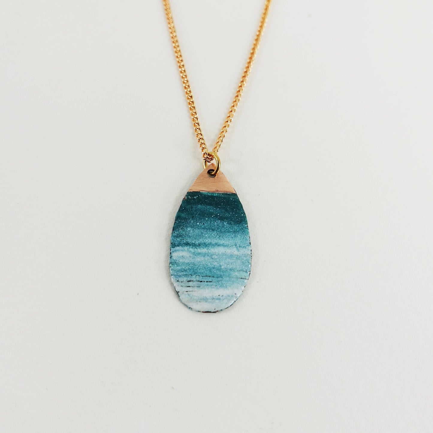 Oval Copper and Enamel Textured Pendant in Teal