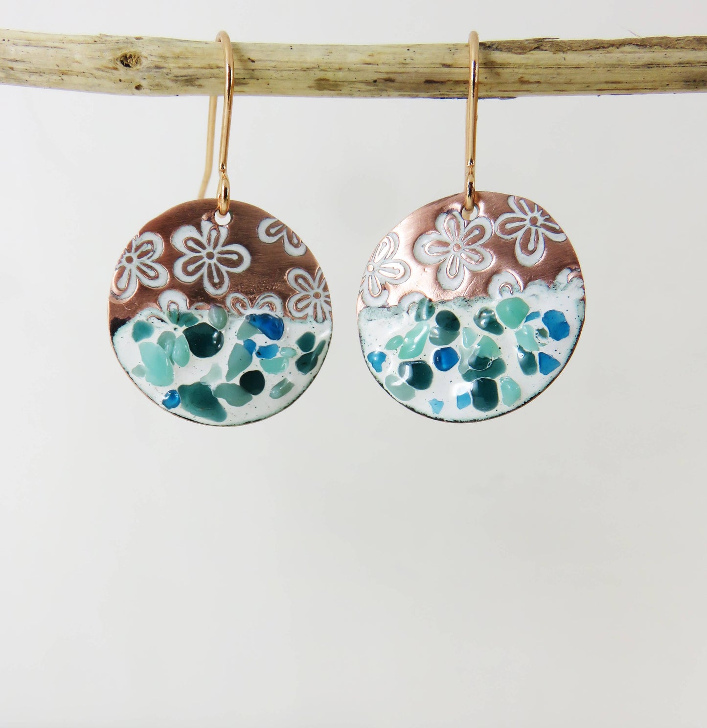 Enamel, Glass and Flower Textured Copper Dangle Earrings