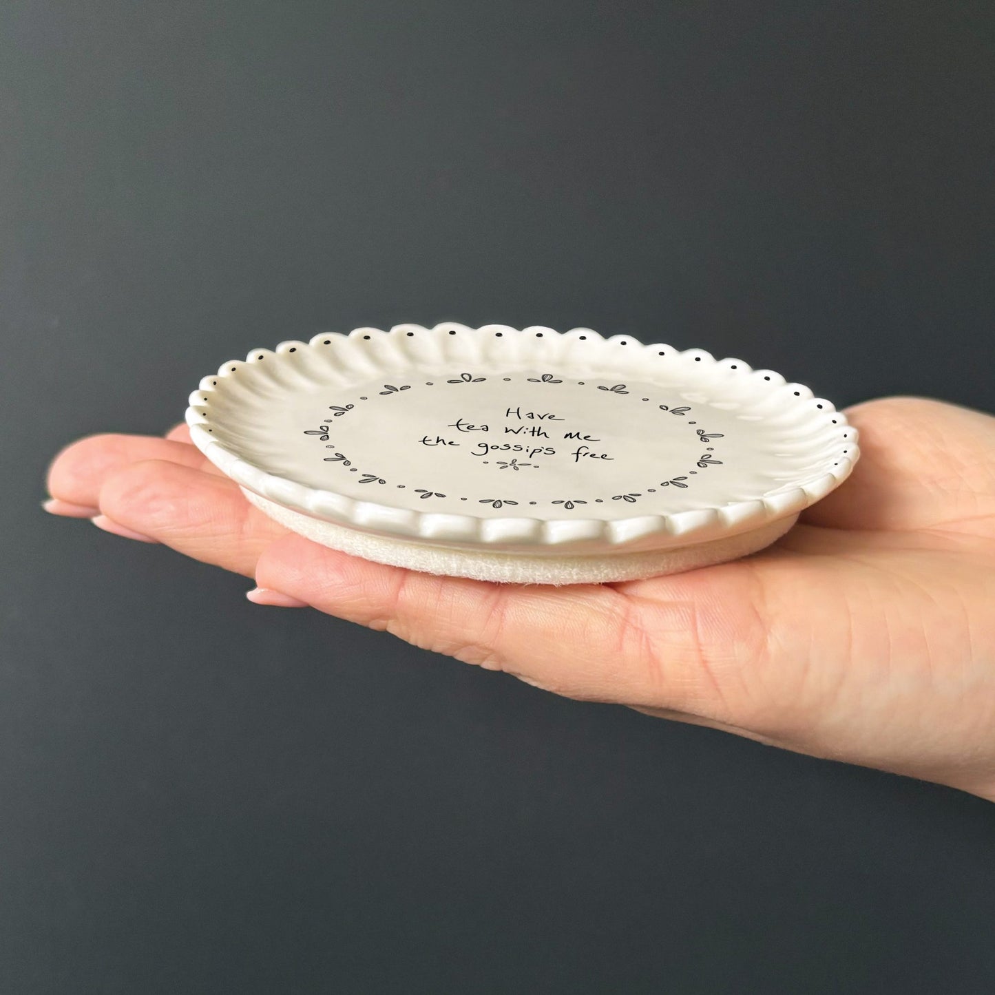 Porcelain scalloped round coaster - Have tea with me, the gossips free