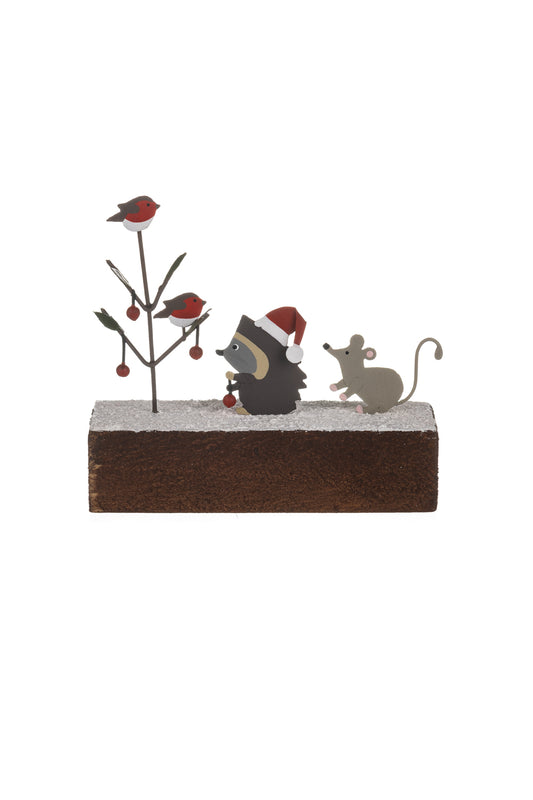 Woodland tree Block with Mouse, Hedgehog and Robin - Christmas Ornament
