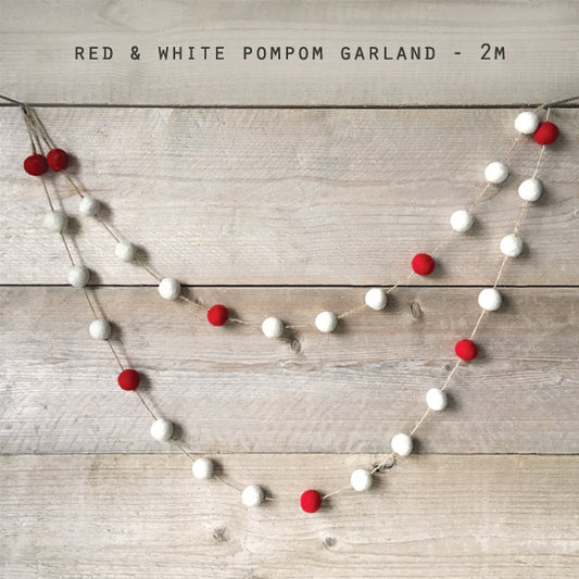Wool Felt Eco Garland - Natural White and Red Pom Poms