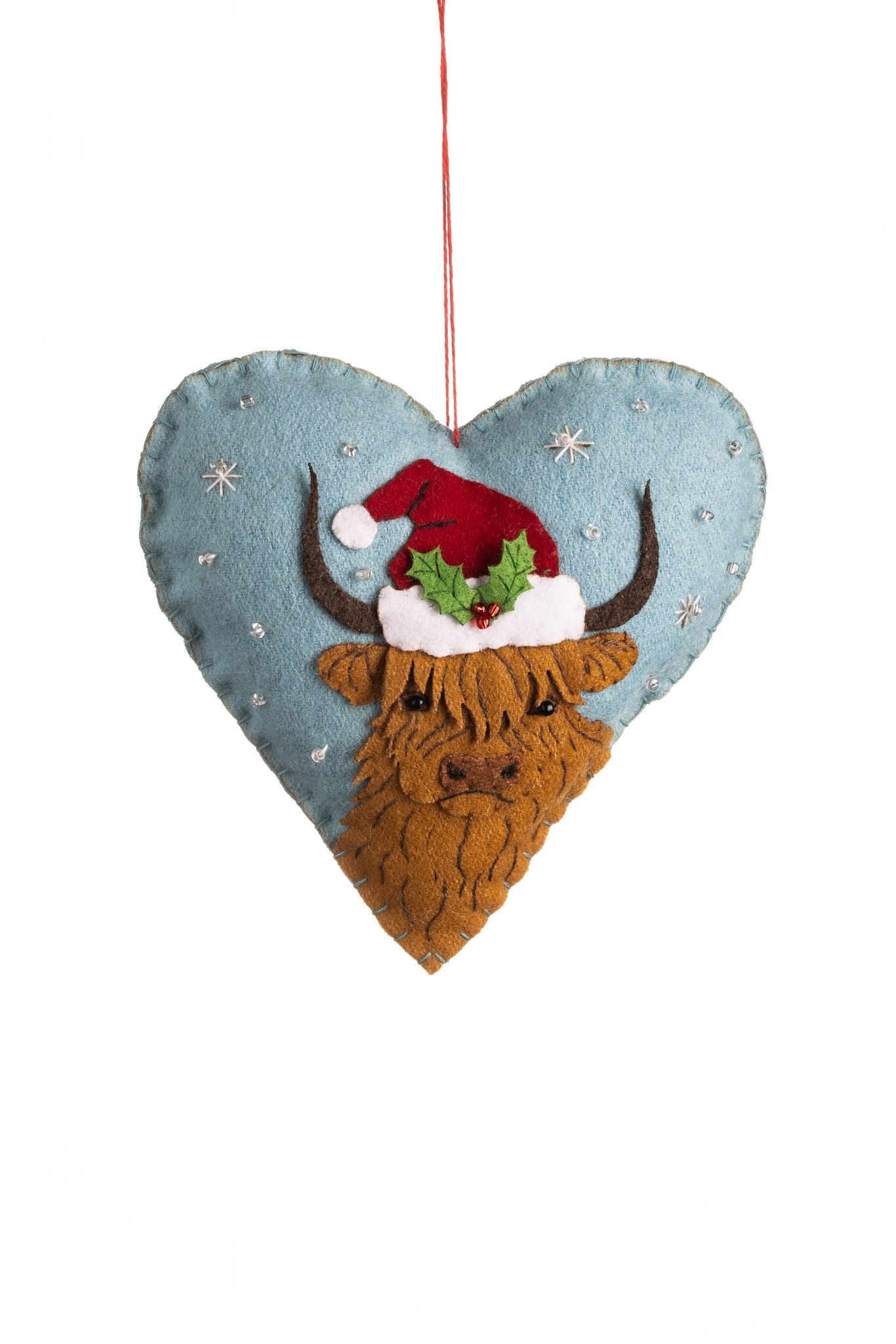 Highland Cow in Santa hat hanging felt heart