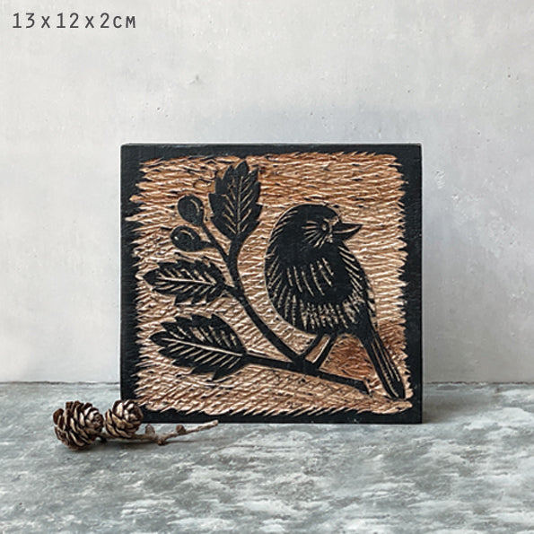 Wood Block - Robin with Rosehip