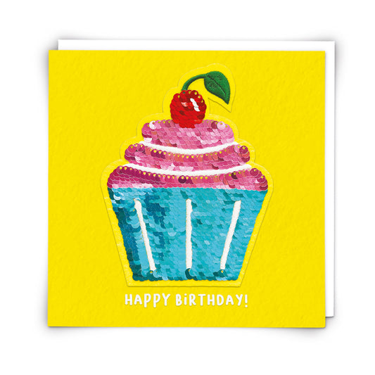 Cherry Cupcake Greetings Card with Reusable Reversible Sequin Patch