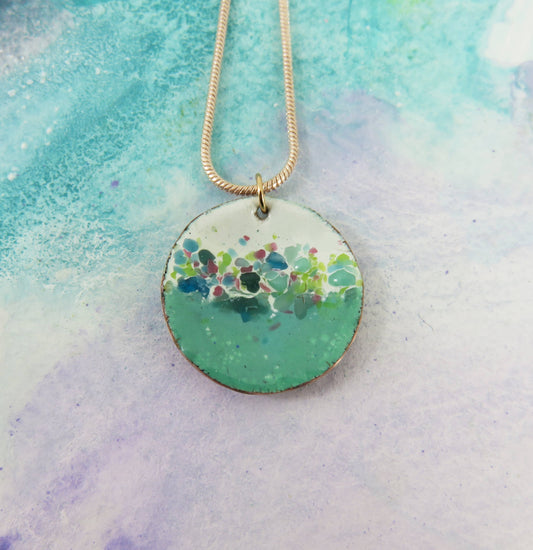 Round, Domed, Textured Copper Pendant with Enamel and Glass
