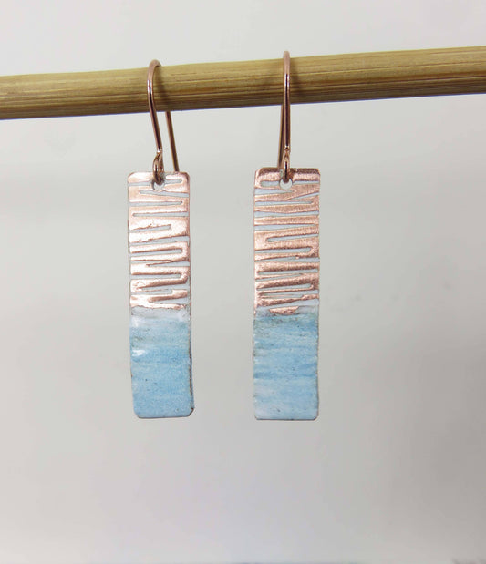 Enamel & Textured Copper Earrings in White and Blue Enamel