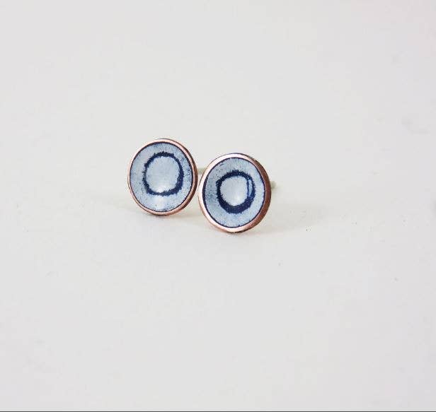 Round Studs in Blue and White Enamel with Circle Detail
