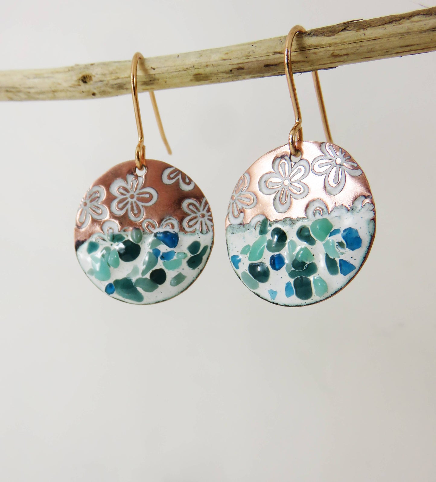 Enamel, Glass and Flower Textured Copper Dangle Earrings