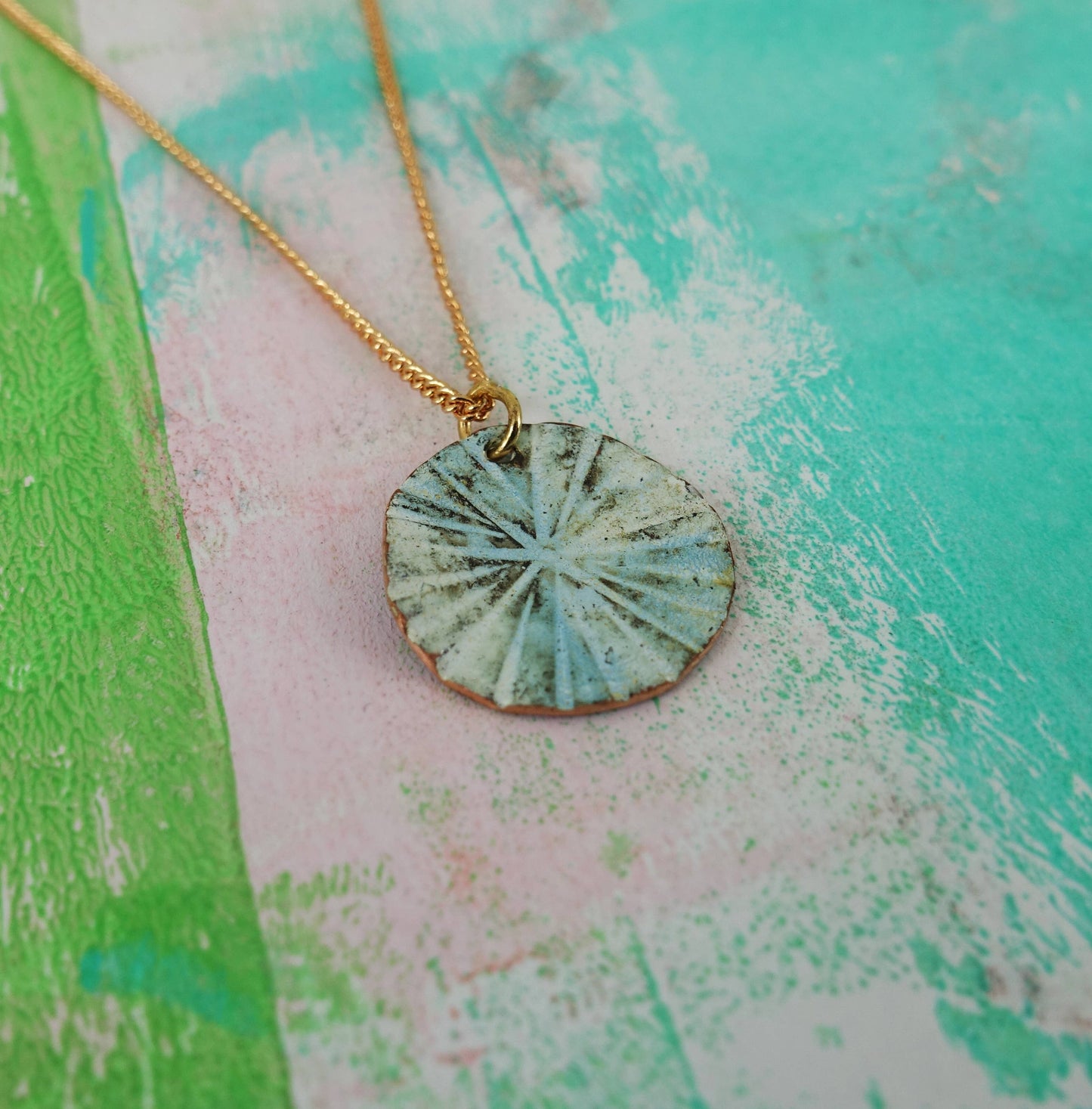 Textured Round Enamelled Copper Small Disc Pendant