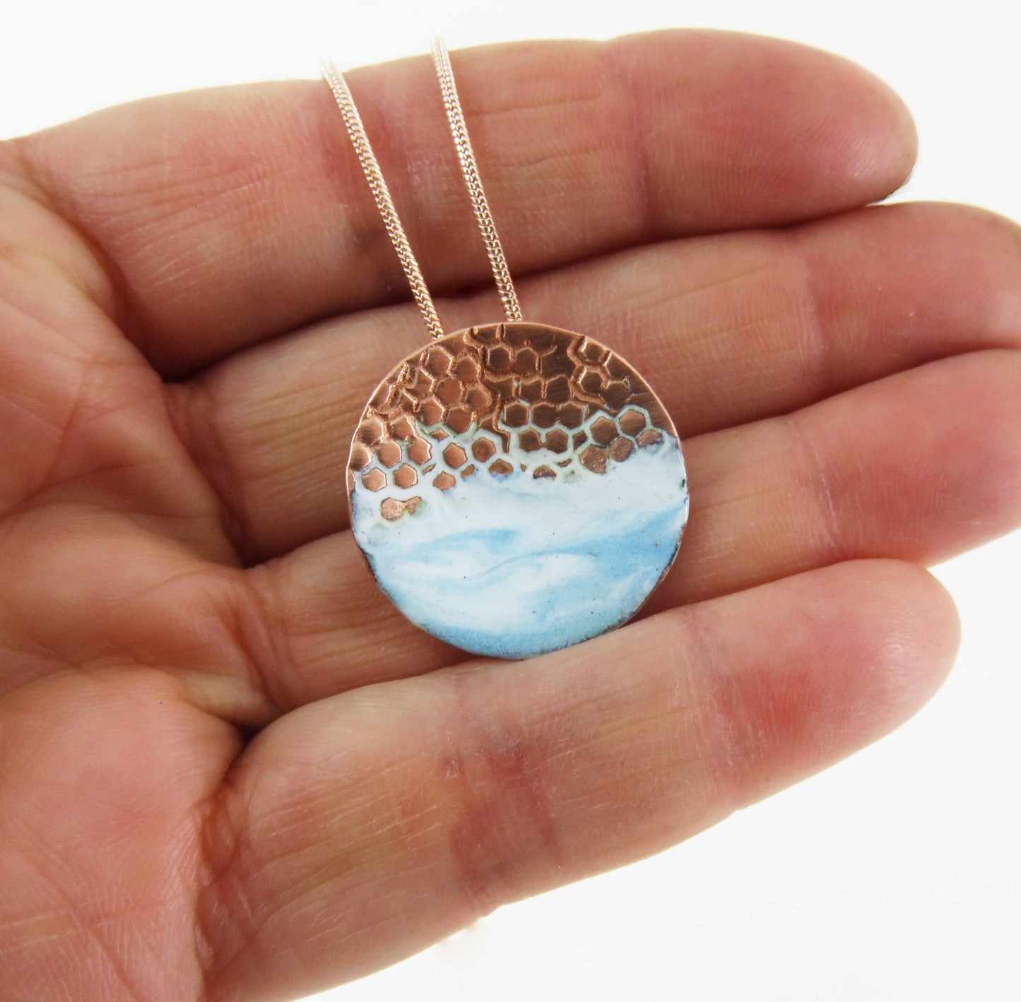 Round, Domed and Textured Copper Pendant with Enamel